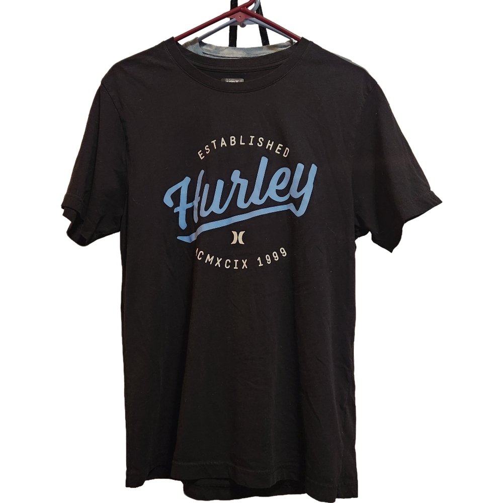 Hurley Black Graphic Tee Blue White Logo Size L Soft 100% Cotton